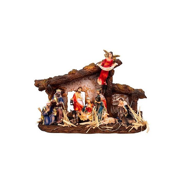 Presépio Figura do Nascimento Em Casa com Anjo 29CM