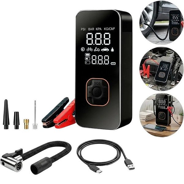 Compressor de Ar + Auxiliar de Partida Portátil 8000mAh - Preto