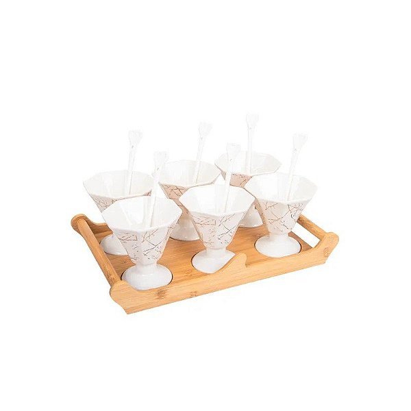 Jogo de Compoteiras de Porcelana com Colher e Base de Madeira 6 Peças - Branco