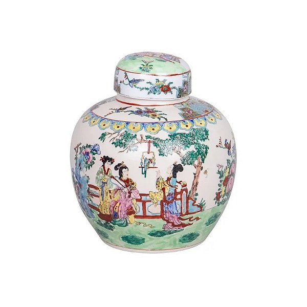 Vaso de Porcelana Floral com Tampa Estilo Oriental