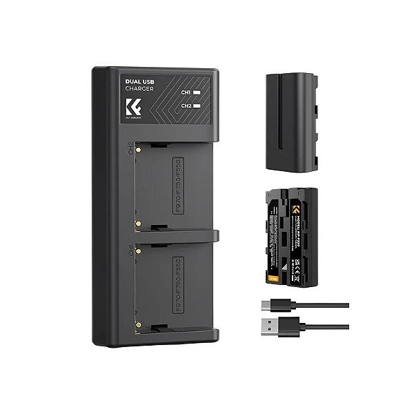 Kit Baterias + Carregador Duplo K&F para Sony NP-F550 - Preto (KF28.0046)