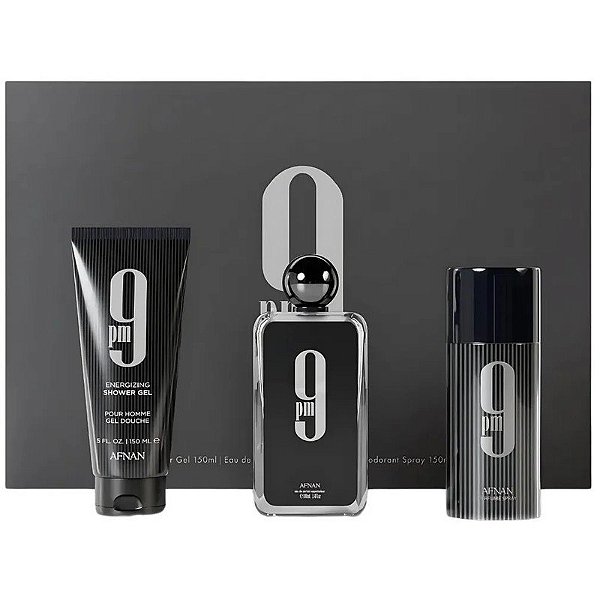 Kit Perfume Afnan 9PM EDP 100mL + Desodorante 150mL + Gel de Banho 150mL
