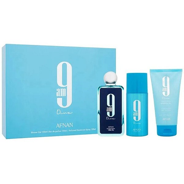 Kit Perfume Afnan 9AM Dive EDP 100mL + Gel de Banho + Desodorante 2 de 150mL - Unissex