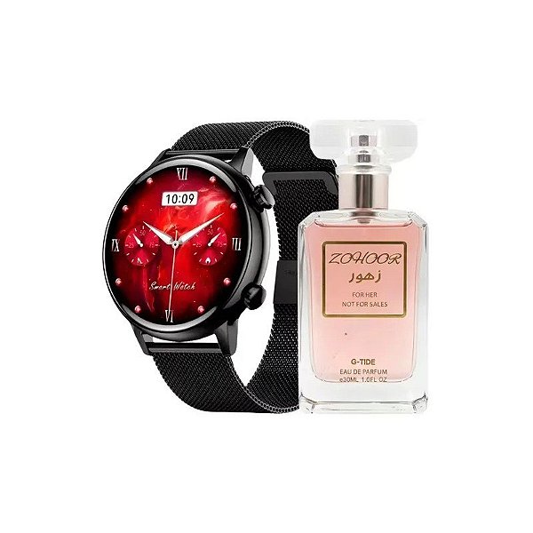 Relógio Inteligente G-Tide Romance Preto + Água de Perfume Zohoor EDP 30ML Feminino