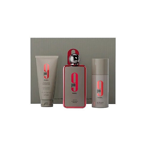 Kit Afnan 9PM Rebel - Perfume + Spray Corporal + Gel de Banho Corporal - Masculino - 100ML + 150ML + 150ML