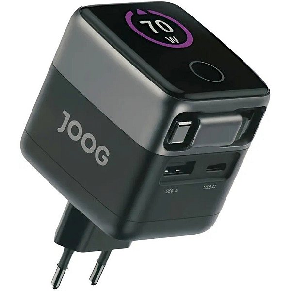 Carregador de Parede Joog PD Charger VC70C 70W UltraFast USB-A+USB-C+cabo USB-C retrátil