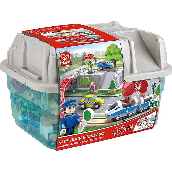 Kit Trem da Cidade Hape em Balde - E3771 (48 Peças)