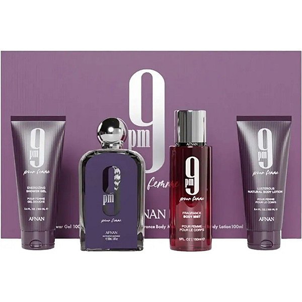 Kit Perfume Afnan 9PM EDP 100mL + Loção Corporal + Gel de Banho + Névoa Corporal (100mL)