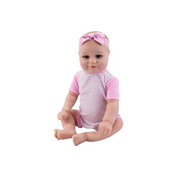 Boneca Bebê Reborn V-66 - 48 cm - Silicone - Roupa Rosa e Branco