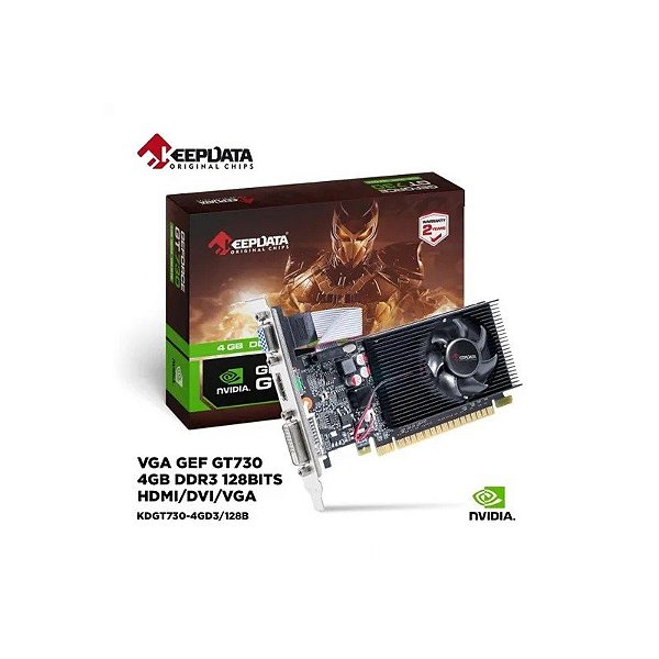 Placa de Vídeo Keepdata 4GB Nvidia Geforce GT730 GDDR3 KDGT730-4GD3 128BITS 700MHZ HDMI, DVI, VGA (D-Sub)
