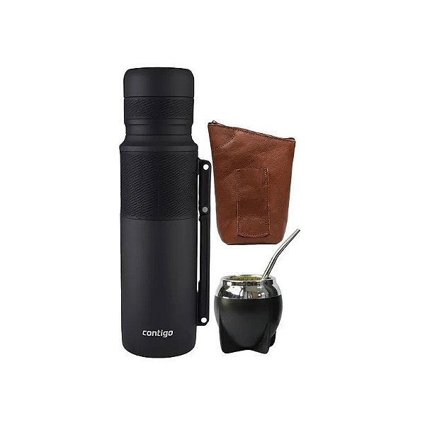 Kit Térmico Contigo + Cuia + Bomba + Porta Erva 100% Couro - Preto 1.1L