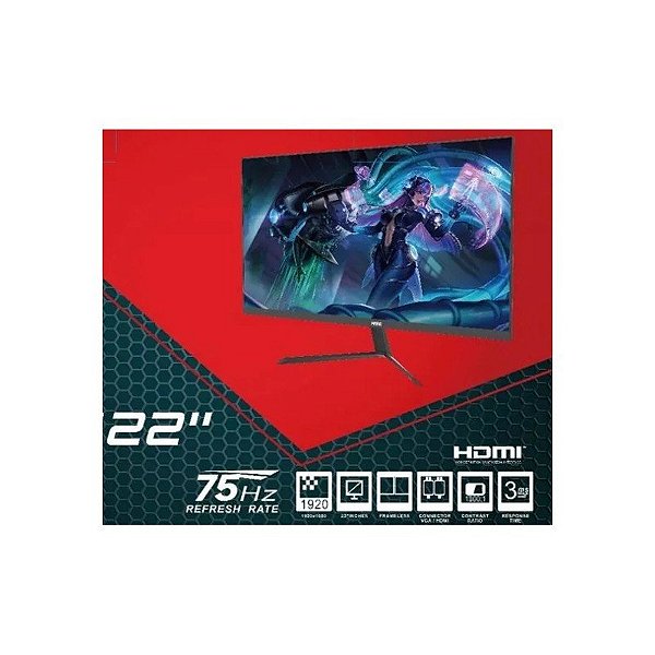 Monitor Hye HYE22GFM 22" Full HD (1920 X 1080), 3MS, 75HZ, 1XHDMI, 1XVGA (D-Sub), Preto