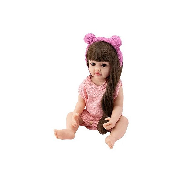 Boneca Bebê Reborn V-64 - 55 cm - Silicone - Roupa de Crochê Rosa