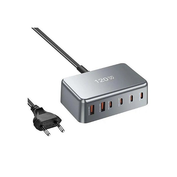Estação de Carregamento YMS Gan 120W 2 USB-A/USB-C Cinza