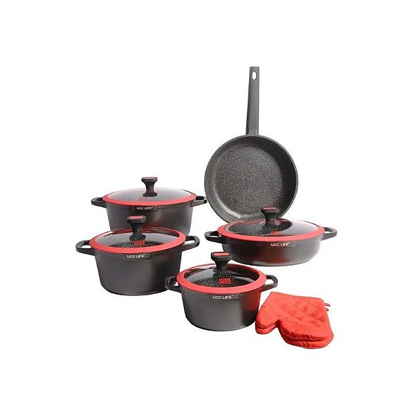 Conjunto de Panelas de Indução Antiaderentes Ucc Life de 11 Peças, Preto