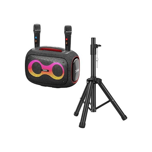 Speaker Joog Pair 1000 com 2 Microfone 130W IPX6 TWS Cinza + Tripé HS-01
