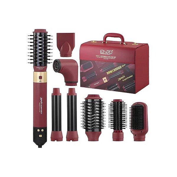 Kit de Escova Alisadora e Modeladora Enzo Profissional EN-6223-2 8 Em 1 1500 W 220V - Vermelho