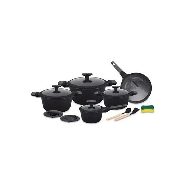 Jogo de Panelas Ucc Life com 15 Peças. Granito Preto.