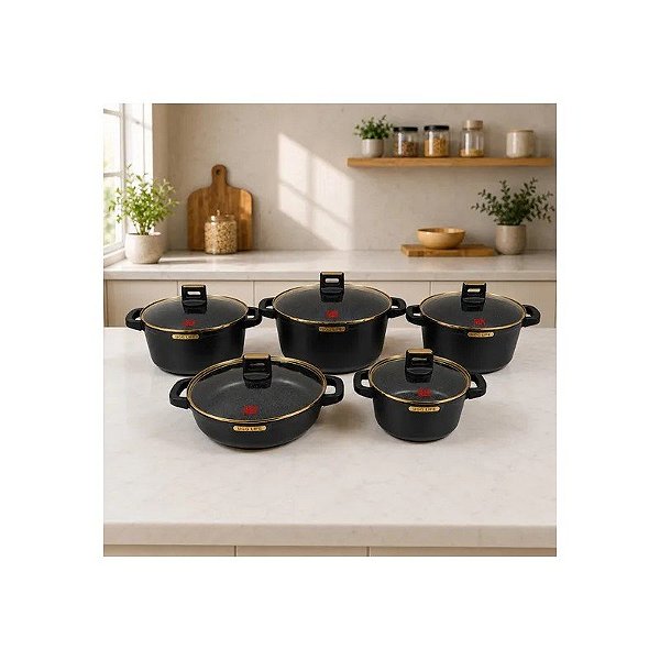 Conjunto de Panelas de Indução Antiaderentes Ucc Life de 10 Peças, Preto/Dourado.
