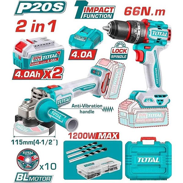 Kit de Ferramentas Sem Fio - Total TCKLI20256 20V (2 baterias) 220V-50/60Hz