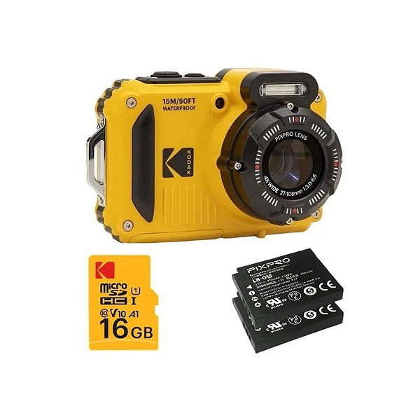 Kit Câmera Kodak Pixpro WPZ2 - Amarelo + 2 Baterias + Microsd 16 GB