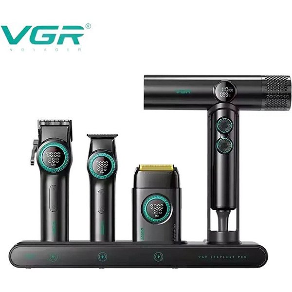 Cortador de Cabelo VGR Voyager Profissional Stepless Pro 4 em 1 - Preto/Verde