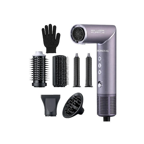 Kit de Secador e Modelador Mondial SM-01-BLDC-SP - 5 em 1 - 1500W - 110V/60Hz - Prata e Roxo