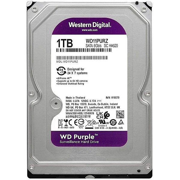 Disco Interno Western Digital WD Purple Surveillance 1TB SATA 6Gb/s - WD11PURZ