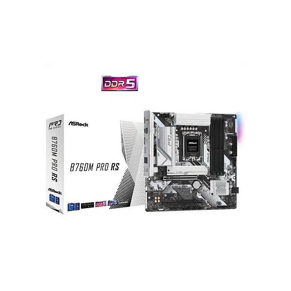 Placa-mãe 1700 Asrock B760M Pro RS White 4xDDR5, 2xM.2 Nvme, 1xHDMI, 1xDisplayPort 1.4, 1xUSB-C 3.2, 2xUSB-A 2.0, 3xUSB-A 3.2, 1xRJ45 Gigabit 2.5, 1xÁudio, M-ATX, Branca
