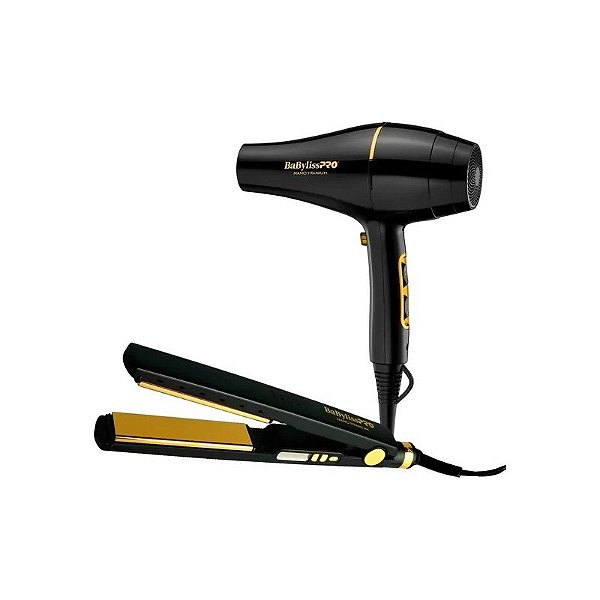 Kit Prancha Babyliss Pro PL4091BG + Secador Babyliss Pro SEC6176BG Nano Gold - Preto/Amarelo
