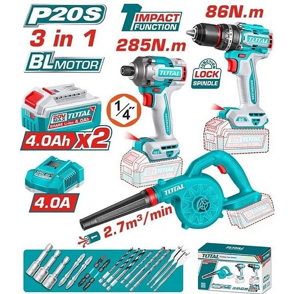 Kit de Ferramentas Sem Fio - Total TOSLI250883 20V (3 peças) 220V-50/60Hz