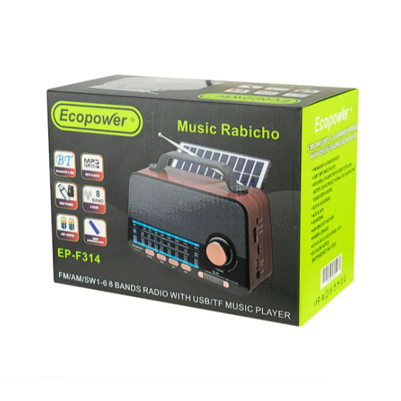 Rádio Portátil Ecopower EP-F314 AM/FM Bluetooth Solar US