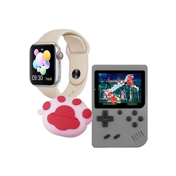 Kit Relógio K9-Combo Mini Hip Hop Bulldog 41 MM com Bluetooth - Prata/Bege