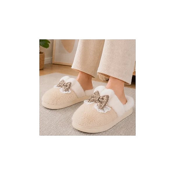 Pantufa Buselu Feminina Peluda Rosa com Laço 36 Ao 41