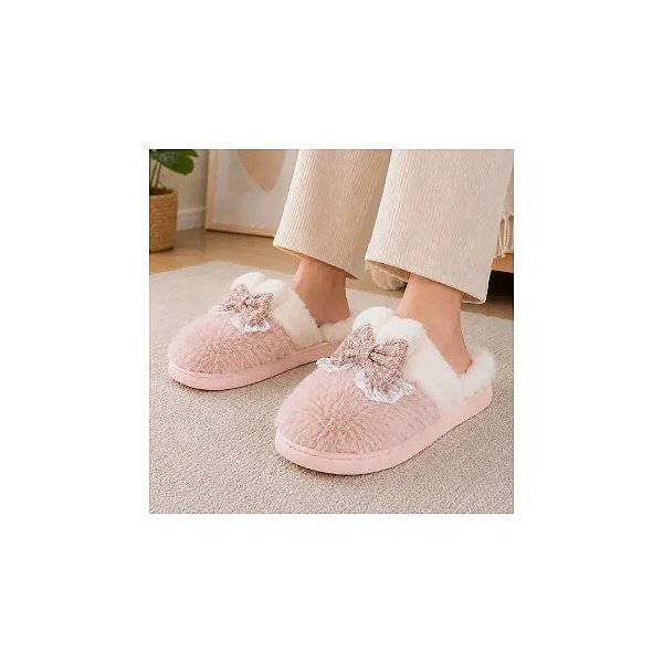 Pantufa Buselu Feminina Peluda Rosa com Laço 36 ao 41