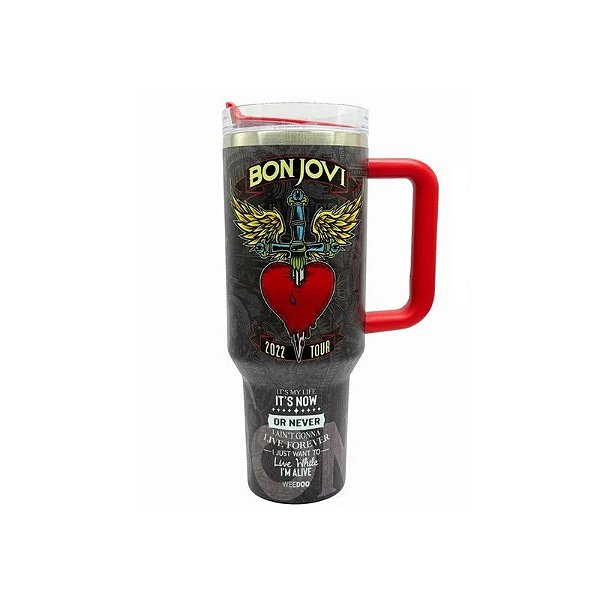 Copo Térmico Weedoo Bon Jovi 1,2L com Canudo - Preto/Vermelho