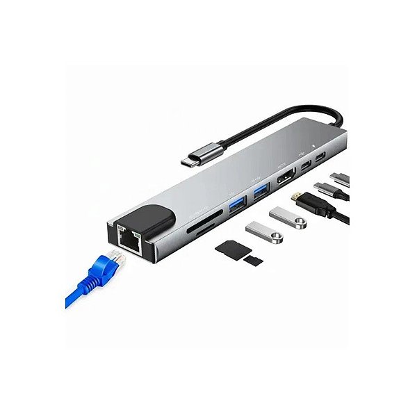 Hub USB-C 8 em 1 USB/USB-C/HDMI/SD/RJ45