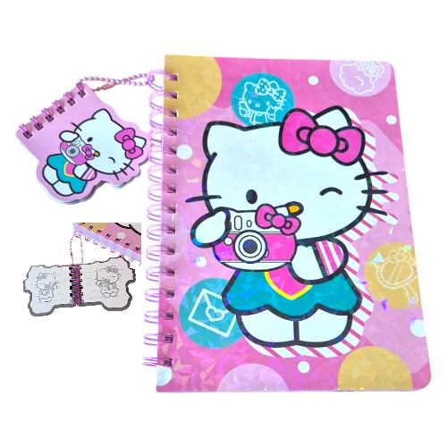 Caderno Espiral Pautado A5 Hello Kitty com Bloquinho Chaveiro – Kit Papelaria Kawaii
