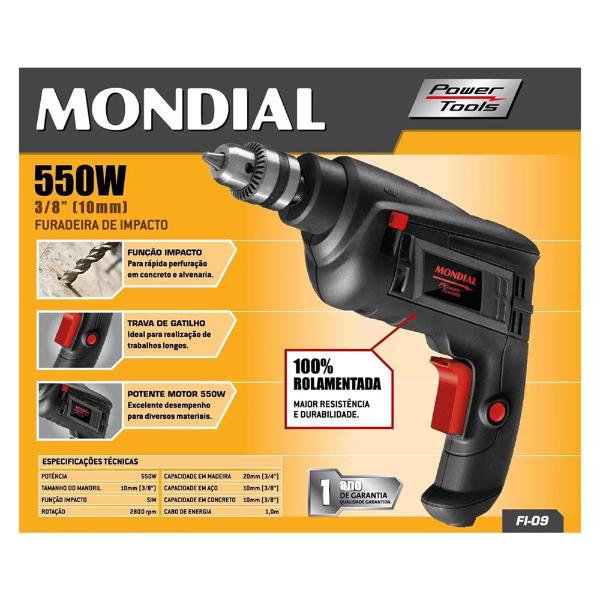 Furadeira De Impacto 550W Mondial FI-09 Mandril 3/8 Pol 220V