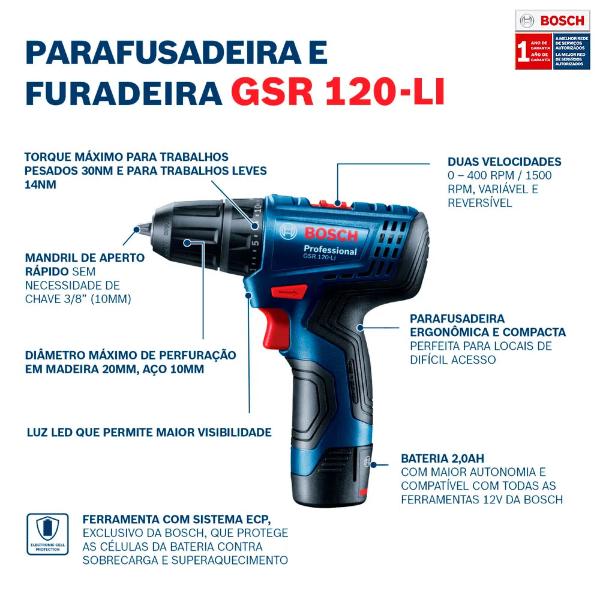 Parafusadeira Furadeira Bateria 12V GSR 120-LI Bosch Bivolt