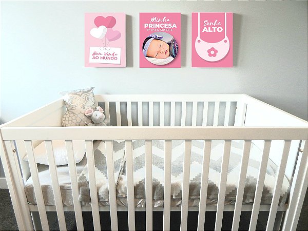 Kit 3 quadros decorativos infantil com ilustração personalizada menina