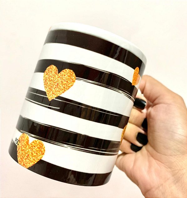 Caneca Porcelana Personalizada - Preto corações