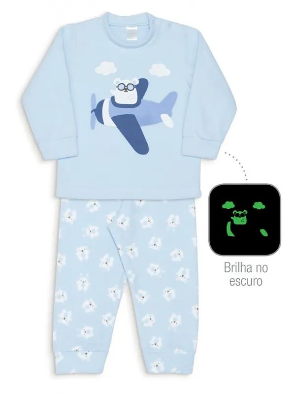 Pijama Infantil Bichinhos Azul Soft Estampa Brilha No Escuro