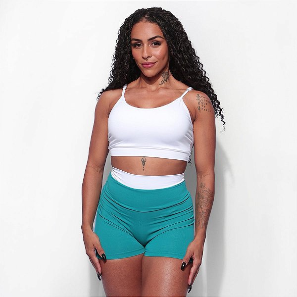 Shorts Fitness Ploc! verde jade cós duplo branco em poliamida