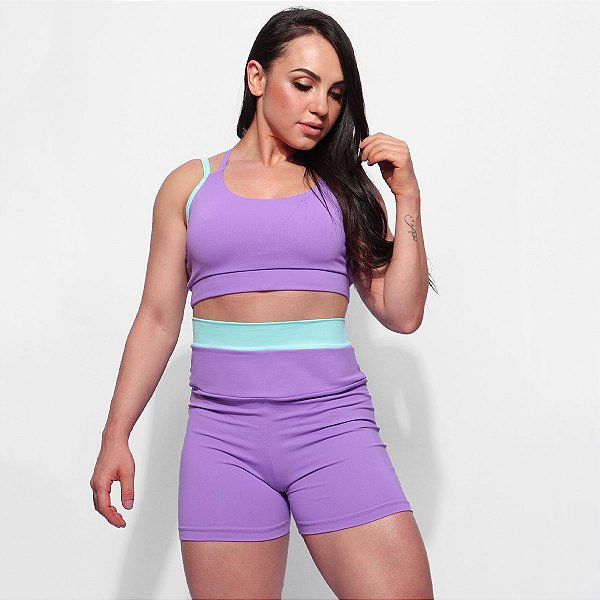 Shorts Fitness Ploc! lilás cós duplo verde água em poliamida