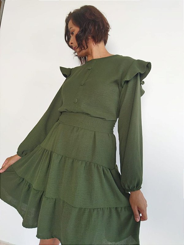 VESTIDO CURTO MANGA LONGA DETALHE BABADO NA MANGA