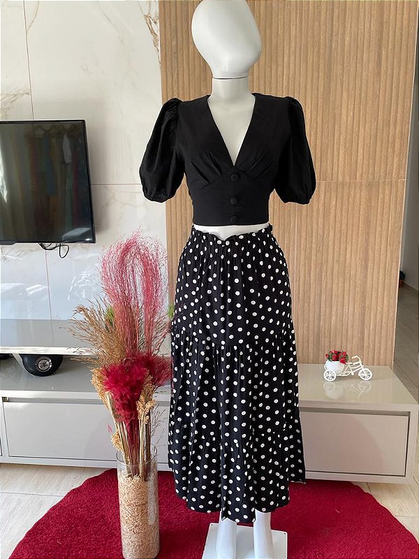 CROPED CURTO COM MANGAS BUFANTES - PRETO