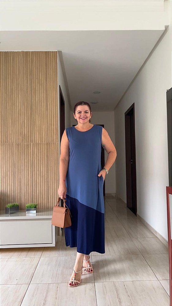 VESTIDO LONGUETE MALHA BICOLOR AZUL