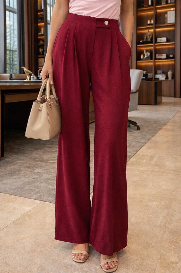 CALÇA SOCIAL RETA COM BOTÃO NA LATERAL DO CÓS