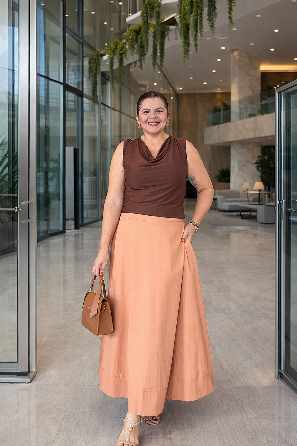 Saia Evasê Barrado Largo Feminina